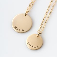 "This sweet little matching necklace set for you and your little one is a perfect gift for mom, grandma, nana, auntie. Offered in quality 14k gold fill, sterling silver, and rose gold fill. HOW - TO - ORDER 1. Select your options from the drop down menu see photo for font styles and symbol options 2. Chain length options are 16\", 18\" & 20\". For additional chain lengths a ½\", 1\", 2\" or 3\" extender chain can be purchased here: https://etsy.me/38hVeVS 3. Add to cart (repeat for multiple Customizable Name Necklace For Mother's Day Everyday, Customizable Everyday Name Necklace For Mother's Day, Dainty Hand Stamped Necklace For Mom, Customizable Dainty Charm Necklace For Mother's Day, Dainty Customizable Charm Necklace For Mother's Day, Nickel Free Round Charm Necklace For Mom, Nickel-free Round Charm Necklace For Mom, Everyday Mother's Day Charm Necklace With Round Disc, Everyday Round Disc Charm Necklace For Mother's Day