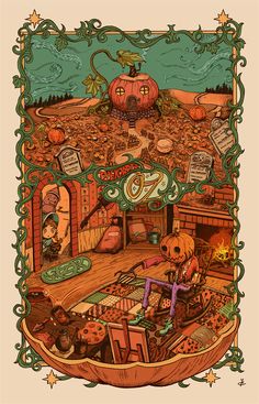 an illustration of a pumpkin themed room