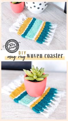 two photos showing the same crocheted pot holder with succulents in it