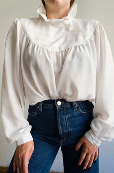 Vintage White Bib Blouse Ruffle Blouse Romantic Blouse | Etsy Classic White Blouse For Vintage Fashion, White Retro Top With Ruffled Collar, Retro White Top With Ruffled Collar, Vintage White Blouse With Ruffled Collar, Blouse Western, Western Blouse, Evening Blouses, Statement Blouse, Romantic Blouses