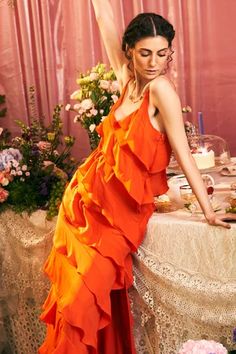 Shop for TheRealB Orange Polyester Afternoon Cocktail Ruffled Spaghetti Strap Dress for Women Online at Aza Fashions Flirty Spaghetti Strap Maxi Dress With Ruffles, Cocktail Maxi Dress With Ruffled Straps, Cocktail Ruffle Dress With Ruffled Straps, Spaghetti Strap Maxi Dress With Ruffles For Brunch, Spaghetti Strap Maxi Dress With Ruffles For Date Night, Ruffled Maxi Dress With Spaghetti Straps For Brunch, Sleeveless Ruffled Slip Dress For Party, Cocktail Maxi Dress With Spaghetti Straps And Ruffles, Brunch Maxi Dress With Ruffles And Spaghetti Straps