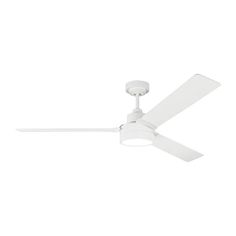 a white ceiling fan with two blades on the top and one light on the bottom