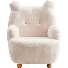 a white teddy bear chair with wooden legs