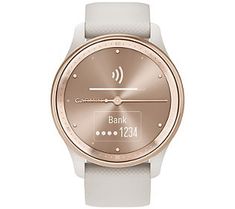 a wrist watch with white leather straps and a rose gold dial on the front of it