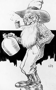 an old man with a hat and beard holding a jug