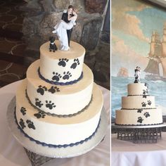 wedding cake with paw prints and bride and groom on top