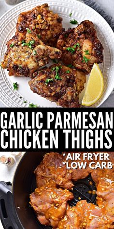 garlic parmesan chicken thighs in a skillet with lemon wedges on the side