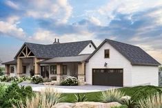 this is an artist's rendering of a house in the country style with two garages