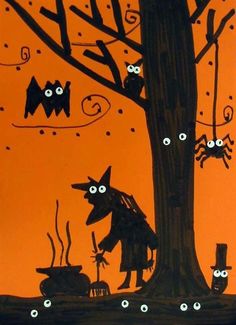 an orange background with black cats and trees