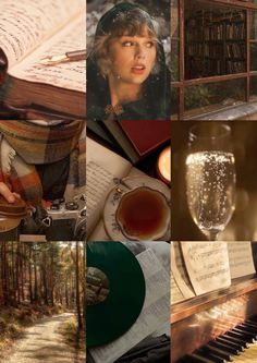 a collage of photos with an open book, piano and wine glass in it