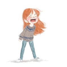 a drawing of a girl with red hair and blue jeans, making an angry face