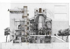 an architectural drawing of a building with multiple floors and large chimneys on the top floor