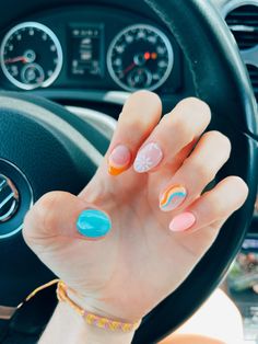 Blue, pink, orange nail design perfect for summer! Teen Nails, Boho Nails, Summer Gel Nails, Retro Nails, Simple Acrylic Nails, Cute Summer Nails