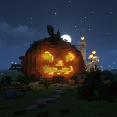 an image of a halloween pumpkin house in the night with lights on it's face