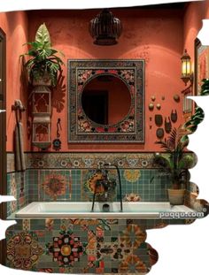 the bathroom is decorated with colorful tiles and potted plants