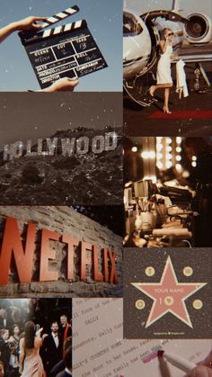 the collage has pictures of people and stars on it, including an old hollywood sign