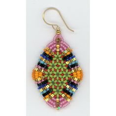 a pair of colorful beaded earrings hanging from hooks