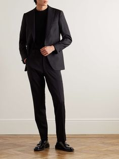 MR P. Slim-Fit Wool Tuxedo Trousers for Men Men All Black, Men’s Cocktail Outfit, No Tie Suit, Black Tie Attire Men, Bougie Party, Suit No Tie, Black Tie Men, Trousers Outfit Men, Mens Suits Black