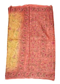 About this item Vintage Indian West Bengal Saree 100% Pure Silk Tie & Dye Sari Kantha What A Beautiful Masterpiece Of A Saree. Base Fabric Is 100% Pure Silk In Yellow & Peach Color Multi Amazing Tie And Dye Work. All Over Saree Adorned With Floral And Paisley Design With Multi Color Thread Work. Traditional Kantha Work Is The Highlight Of The Saree. Kantha : Kantha Is A Hand Embroidery Style Traditionally Practiced By Rural Womenfolk In State Of West Bengal. Kantha Embroidery Is Recogniz Bengal Saree, Extra Dress, Kantha Sari, Flower Hand Embroidery, Peach Saree, Kantha Embroidery, Kantha Work, Red Saree, Indian Fabric