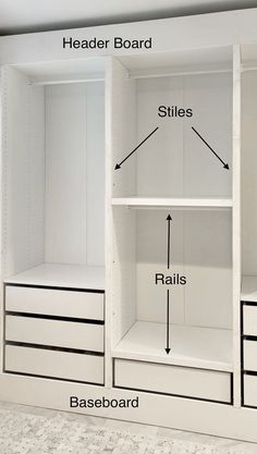 an organized closet with drawers, shelves and other items labeled in black and white lines