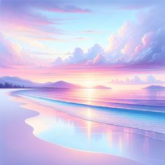 a painting of the sun setting over an ocean beach with mountains in the distance and blue water