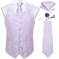 a purple vest and tie with matching accessories