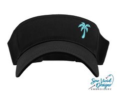 "Save 20% off your first purchase by signing up at https://signup.sewvividdesigns.com This lightweight and comfortable visor features a palm tree embroidered on your choice of visor. For more font options, send me a message and we will find the perfect font for you! Visor featured in photo: Black Palm Tree Color in photo: Teal 🧢 Visor Details 🧢 -One size fits most -Pre-curved visor -100% cotton -Hook and loop adjustable closure (Velcro) -Visor panel height 2.25\" -Visor Bill length 2.75\"" Black Palm Tree, Vacation Hat, Golf Visor, Military Flag, Distressed Baseball Cap, Blue Line Flag, Flag Hat, Ponytail Hat, Beach Hat