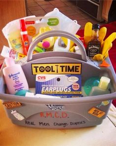 a gray basket filled with personal care items