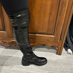 Brand New Never Worn No Tags No Box Perfect Condition Boots With Side Zipper Black Flat Heel Platform Boots In Faux Leather, Black Synthetic Platform Boots For Work, Black Faux Leather Platform Boots For Work, Flat Riding Boots, Glam Shoes, Unique Leggings, Thigh Boots, Thigh Boot, Knee Boot