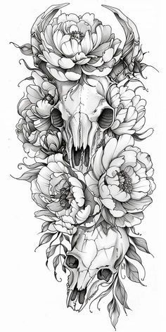 a skull with flowers on it's head is shown in this tattoo art design