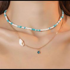 Layered Bead And Chain Necklace With Conch Shell Detail. Necklaces Are Attached At The Clasp So They Stay In Place! Measurements In Photos. Conch Shell, Shell Necklace, Shell Necklaces, Layered Necklace, Conch, Glass Pendant, Layered Necklaces, Blue Gold, Womens Jewelry Necklace