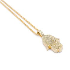 Gender: Ladies  Metal Type: 14K Yellow Gold  Pendant Length: 1.50 inches  Pendant Width: 20.00 mm  Pendant Weight: 8.10 grams  Chain Length: 18.00 inches  Chain Width: 2.40 mm  Weight: 8.56 grams  14K yellow gold symbol diamond modern-style (1950 to present) pendant. The metal was tested and determined to be 14K yellow gold. In excellent condition.  Textured & polished 14K yellow gold modern-style (1950 to present) rope link chain. The metal was tested and determined to be 14K yellow gold. Engraved with "14K". In excellent condition.  Pavé set in 14 Karat Yellow Gold with:  Thirty-four (34) round brilliant cut natural diamonds:  Measurements: 1.50mm - 1.60mm in diameter x ~0.95mm in depth. Weight Range: 0.015 ct. - 0.017 ct. Estimated Total Weight: 0.540 ct. Color: I - J Clarity: SI1 - SI2 Gold Symbol, Metal Pendant Necklace, Hamsa Pendant, Gemstone Necklace Pendant, Yellow Gold Pendants, Accessories Jewelry Necklace, Diamond Pendant Necklace, Metal Pendant, Gold Pendant Necklace