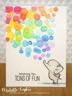 a card with an elephant blowing bubbles on it's back and the words wishing you tons of fun