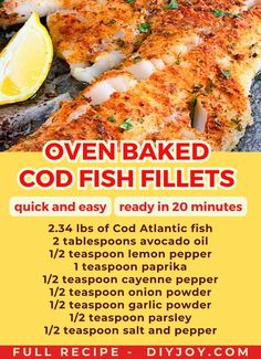 an advertisement for oven baked fish fillets on a plate with lemon wedges and parsley