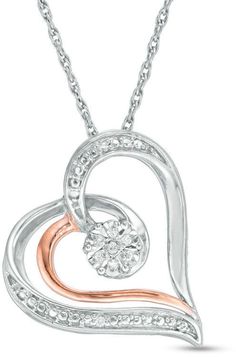 Zales Diamond Accent Heart Pendant in Sterling Silver and 10K Rose Gold Diamond White Open Heart Jewelry For Mother's Day, Open Heart Diamond Accents Jewelry For Anniversary, Heart-shaped Jewelry With Diamond Accents For Mother's Day, Diamond White Open Heart Jewelry With Diamond Accents, Fine Jewelry With Diamond Accents In Open Heart Shape, Fine Jewelry Open Heart With Diamond Accents, Fine Jewelry With Diamond Accents Open Heart, White Open Heart Jewelry With Diamond Accents, Rose Gold Open Heart Jewelry For Anniversary