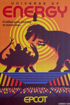 an advertisement for the university of energy, with dinosaurs in front of a sun - filled background