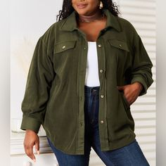 This Versatile Piece Features A Unique Tunic Detail, Elevating Its Charm And Sophistication. The Shacket Is Designed With Convenient Front And Side Pockets, Providing Ample Space For Essentials While On The Go. Embrace A Chic And Cozy Look With Its Button-Down Front And Classic Collar, Perfectly Complemented By The Trendy Long Puff Sleeves. - Size: Multiple Available - Color: Army Green / Forest Green - Material: 100% Polyester - Care: Machine Washable - Neckline: Collared Neck - Sleeves: Long S Curve Model, Baywatch, Kids Swimwear, Long Puff Sleeves, Basic Style, Look Chic, Puff Sleeves, Army Green, Plus Size Fashion