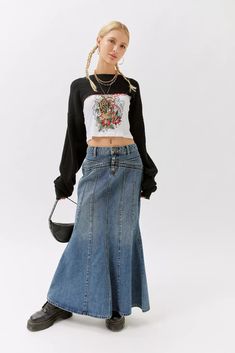 BDG Kendall Denim Maxi Skirt | Urban Outfitters Maxi Jean Skirt Outfits Y2k, Maxi Jean Skirt Outfits, Long Jean Skirt Outfits, Fringe Skirt Outfit, Denim Maxi Skirt Outfit, Maxi Jean Skirt, Flare Maxi Skirt