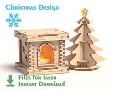 a wooden fireplace next to a christmas tree with the words files for laser instant download