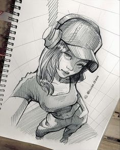 a drawing of a girl wearing a helmet