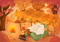 an illustration of a cat sleeping on a couch in front of a campfire and tent