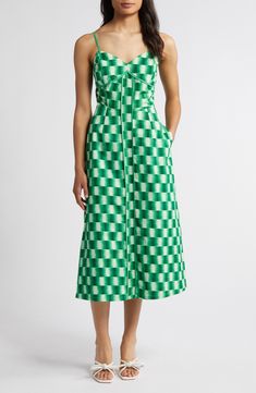 A distinctive check pattern makes a splash on an A-line midi dress that's sure to be a summery fave. 40" center front (size medium) Hidden back-zip closure Sweetheart neck Adjustable straps Side-seam pockets Partially lined 100% cotton Machine wash, line dry Imported Spring Plaid Midi Dress Knee-length, Green Midi Dress For Picnic, Spring Plaid Midi Knee-length Dress, Green Gingham Dress, Italian Summer Aesthetic, Graphic Print Dress, Summer Dress Patterns, Denim Midi Dress, Linen Midi Dress