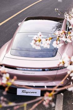 a car parked in front of a cherry blossom tree