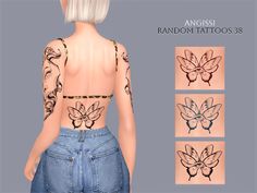 the back of a woman's top with butterflies on it, and three different tattoos