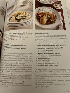 an open cookbook with pictures of food on the table and in it's pages