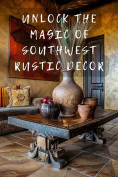 a table with vases on it in front of a painting that reads unlock the magic of southwest rustic decor