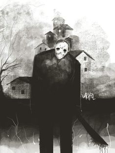 a black and white drawing of a man with a mask on standing in front of a house