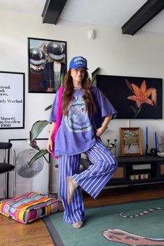 Pants are Zara  hat is Midnight Lunch  Linking everything else My Hat Outfit, Summer Outfit With Pants, Colorful Fun Outfits Aesthetic, How To Style Patterned Pants, T Shirt Summer Outfits, Outfit Content Ideas, Fun Colorful Outfits, Fun Outfits For Women, Color Pop Outfit