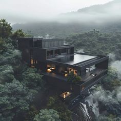 Blacked Out House, Dream House Black Interior, Black Houses Aesthetic, All Black Modern House, Dream House Dark, Modern Houses Exteriors, Black House In The Woods, My Dream Home Modern, Black Aesthetic House