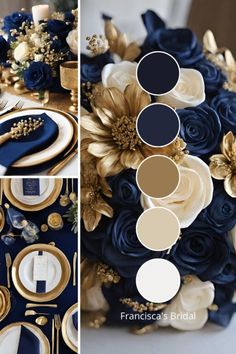 the table is set with blue and gold flowers